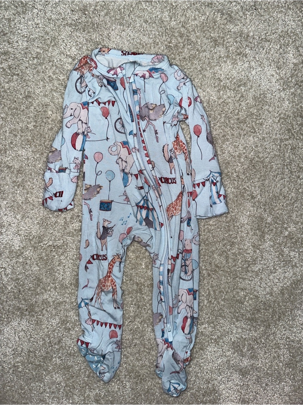 Posh Peanut Blue Circus-Print Footed One-Piece